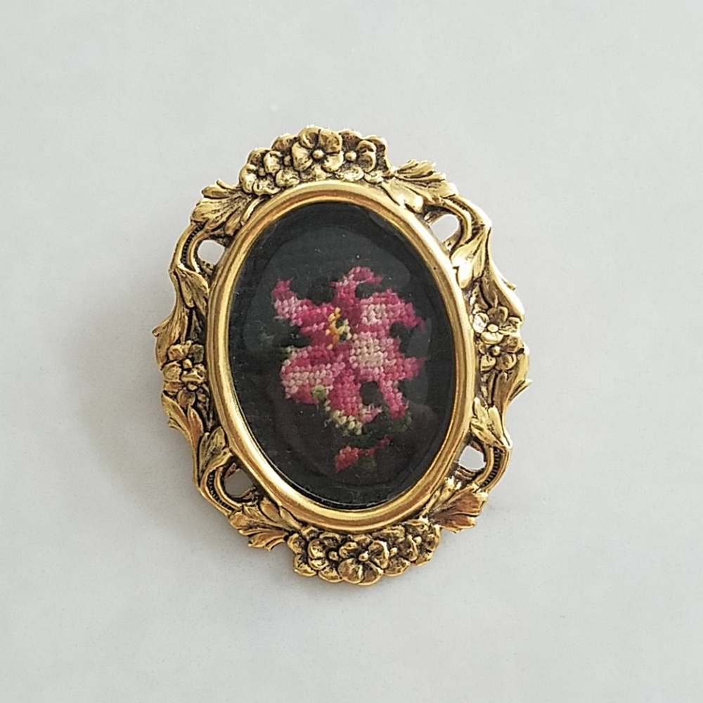 Vintage Hand Embroidered Brooch, Pink Flower.